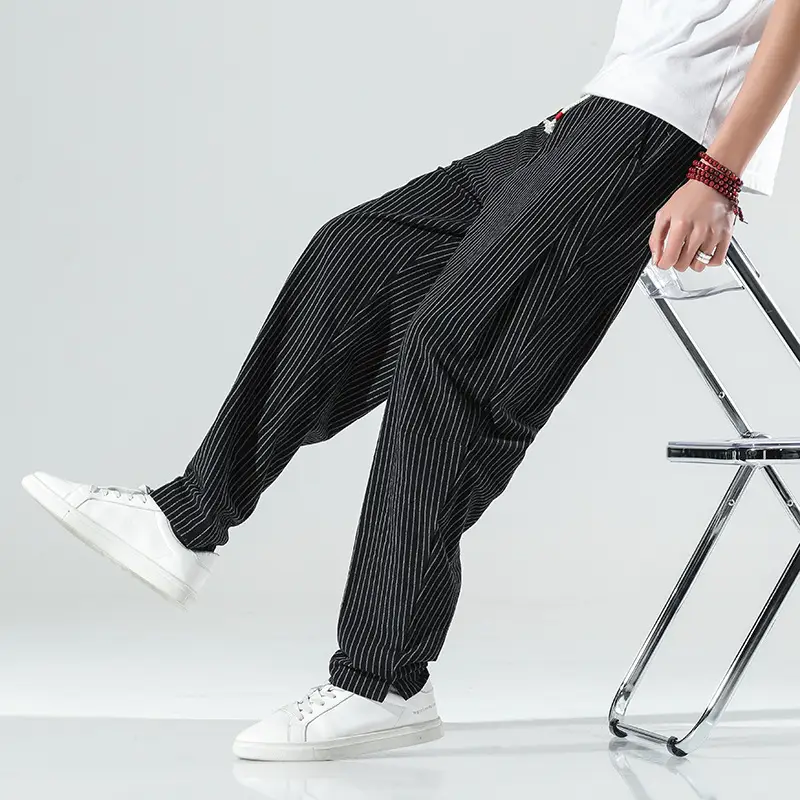 Men Striped Casual Pants Grey Linen Summer Wear