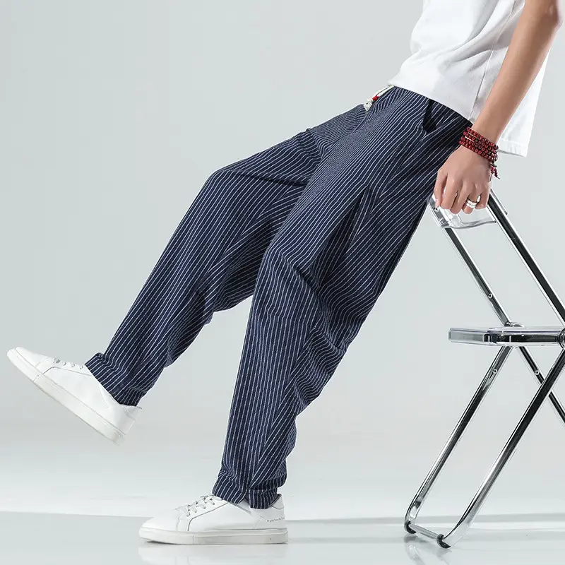 Men Striped Casual Pants Grey Linen Summer Wear