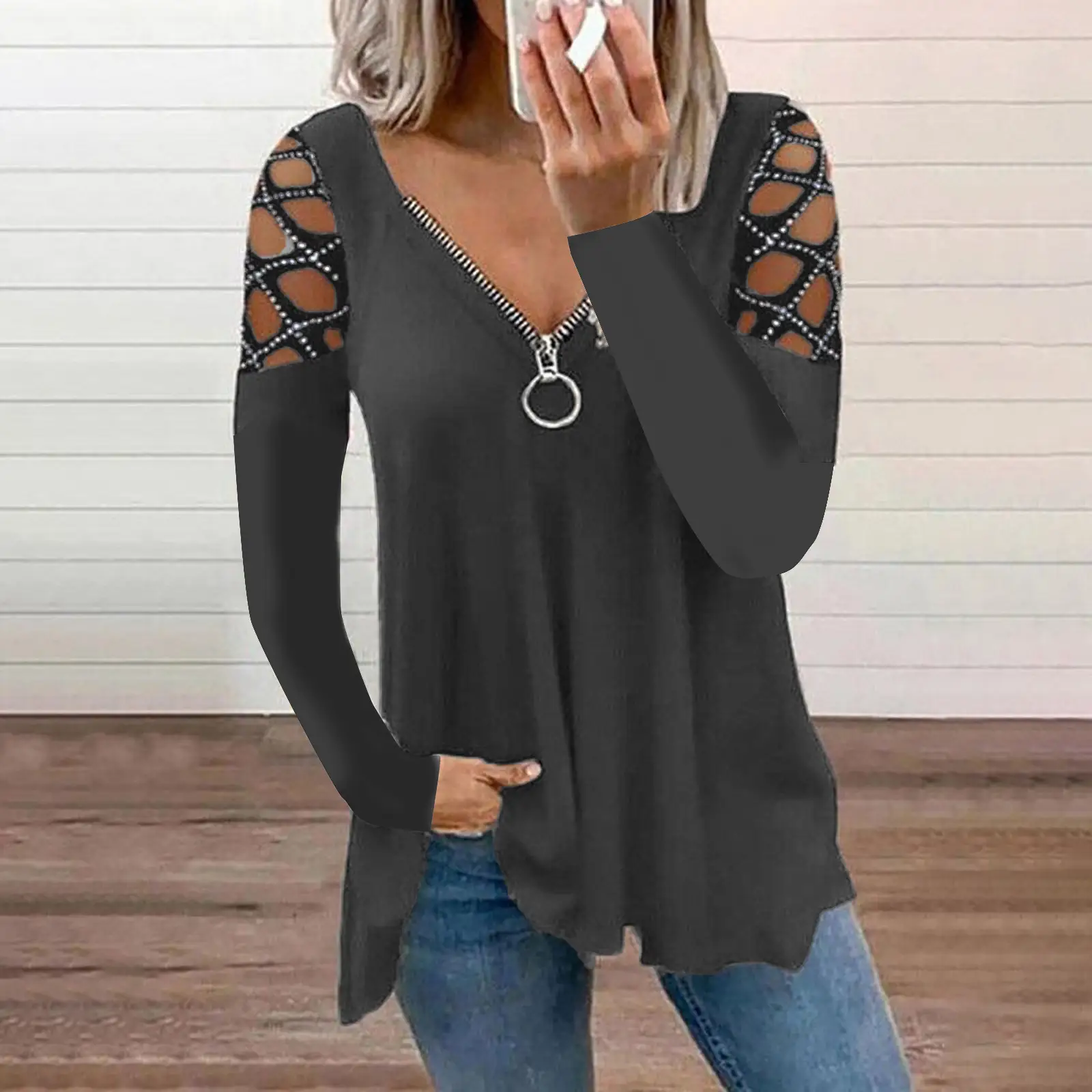 Women V-neck Hollow Sleeve Top Blue 2023 - Image 8