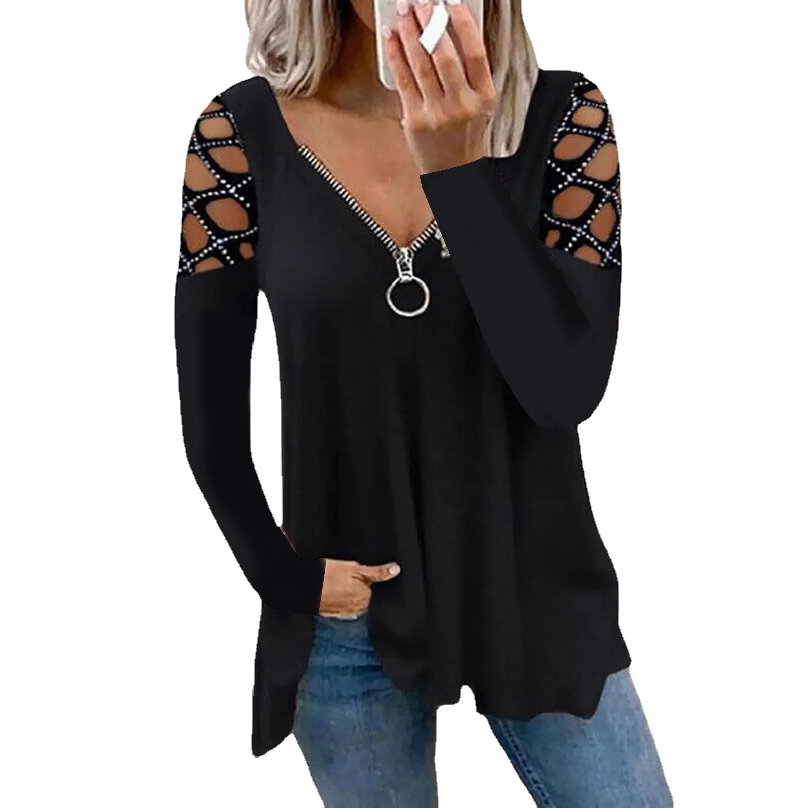 Women V-neck Hollow Sleeve Top Blue 2023 - Image 10