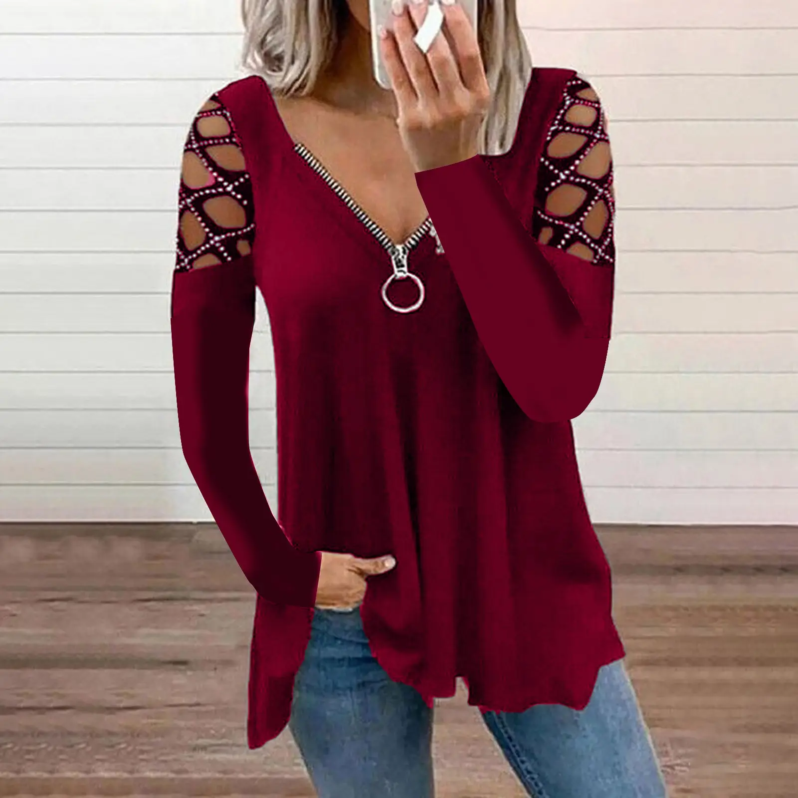 Women V-neck Hollow Sleeve Top Blue 2023 - Image 4