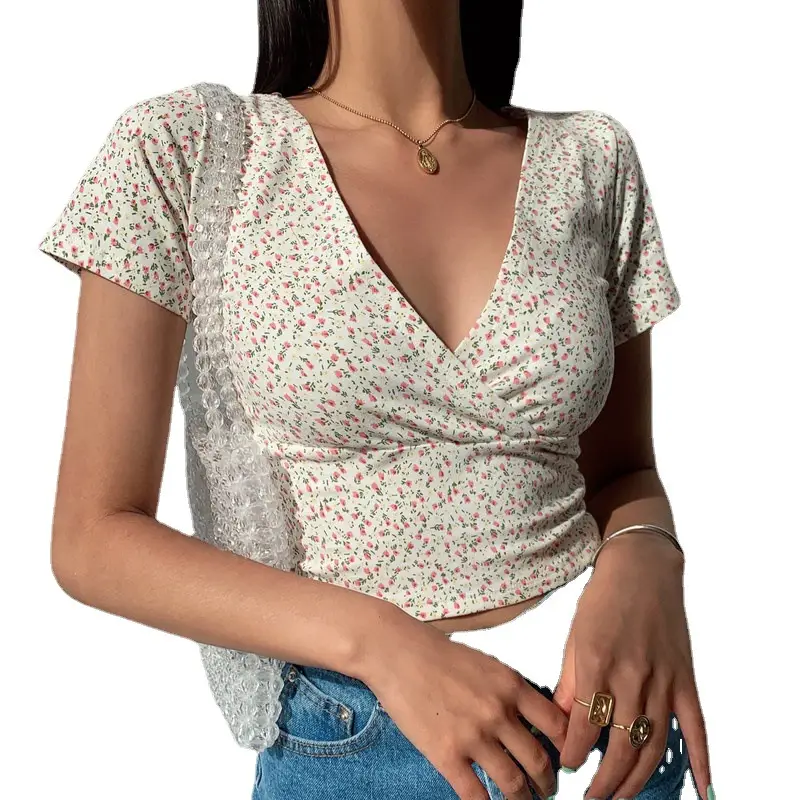 Women White Floral Cross Neck Top Short Crop Summer 2025 - Image 11