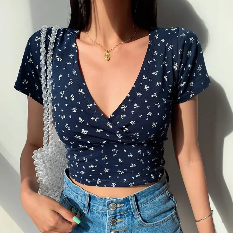 Women White Floral Cross Neck Top Short Crop Summer 2025 - Image 3