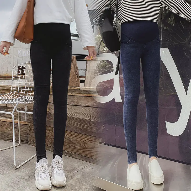 Spring Maternity Pants Stretch Denim Blue Washed Small Feet Belly Support - Image 2