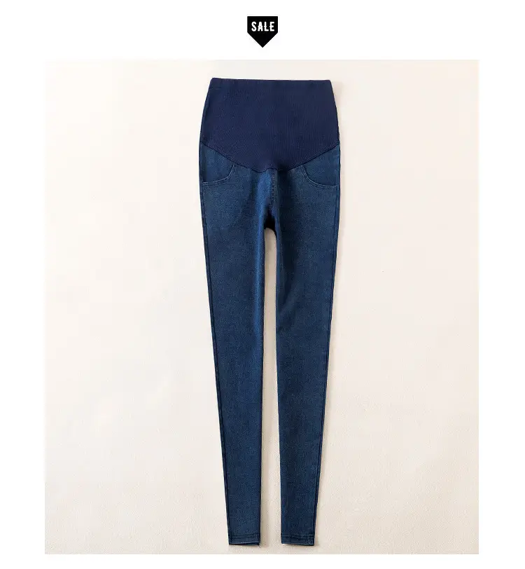Spring Maternity Pants Stretch Denim Blue Washed Small Feet Belly Support — feature 14