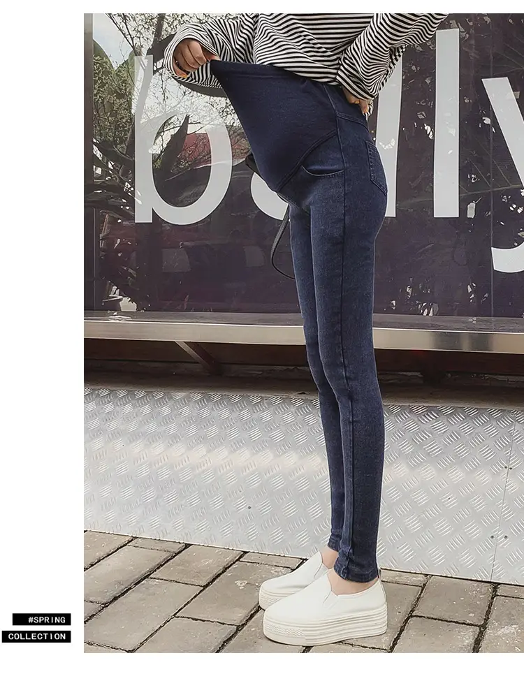 Spring Maternity Pants Stretch Denim Blue Washed Small Feet Belly Support — feature 27