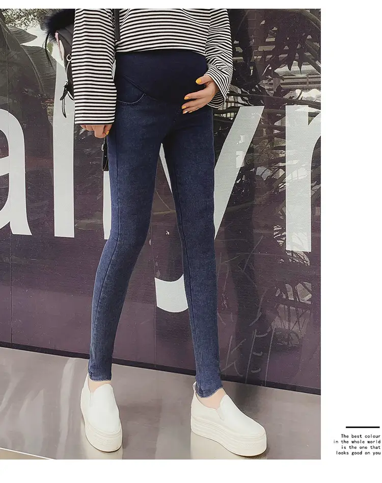 Spring Maternity Pants Stretch Denim Blue Washed Small Feet Belly Support — feature 28