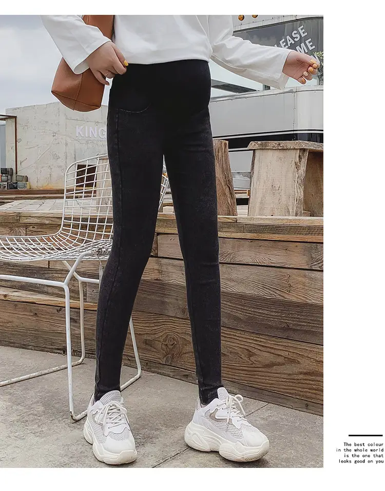 Spring Maternity Pants Stretch Denim Blue Washed Small Feet Belly Support — feature 32