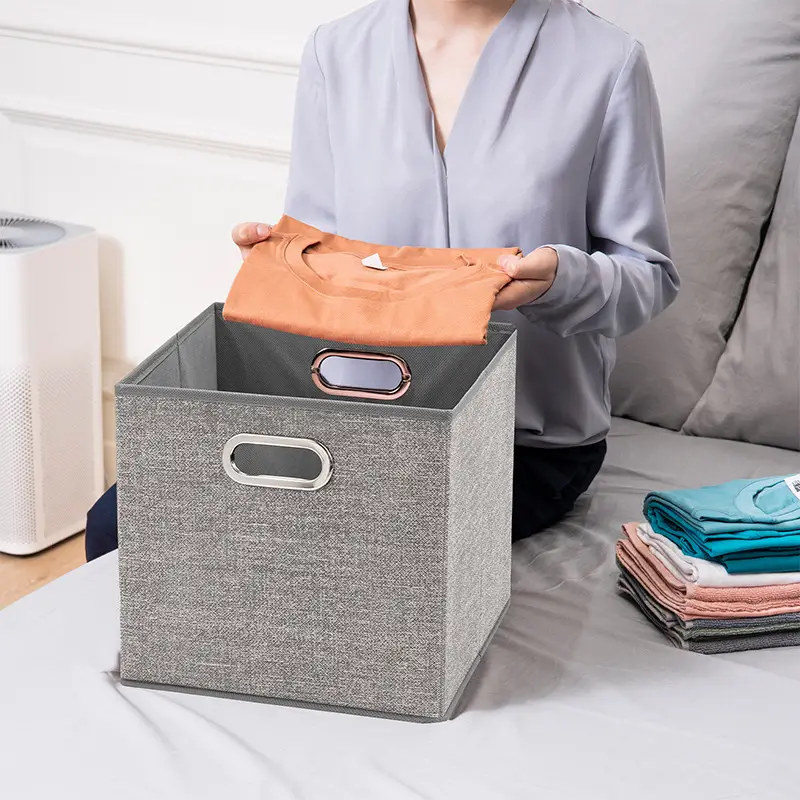 Fabric Storage Box with Metal Buckle, Foldable & Light Gray - Image 11