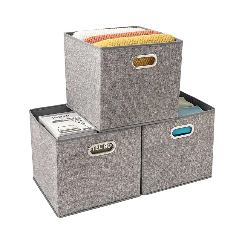 Fabric Storage Box with Metal Buckle, Foldable & Light Gray - Image 14