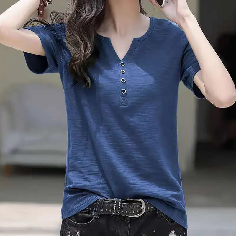 Women V Neck Button T-Shirt Green Loose Large - Image 11