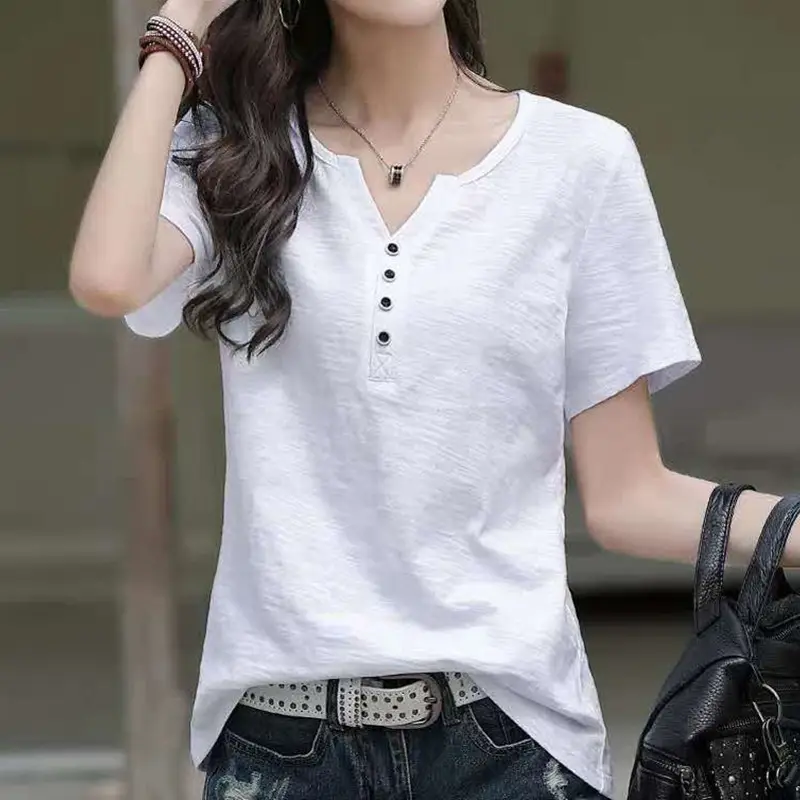 Women V Neck Button T-Shirt Green Loose Large - Image 12