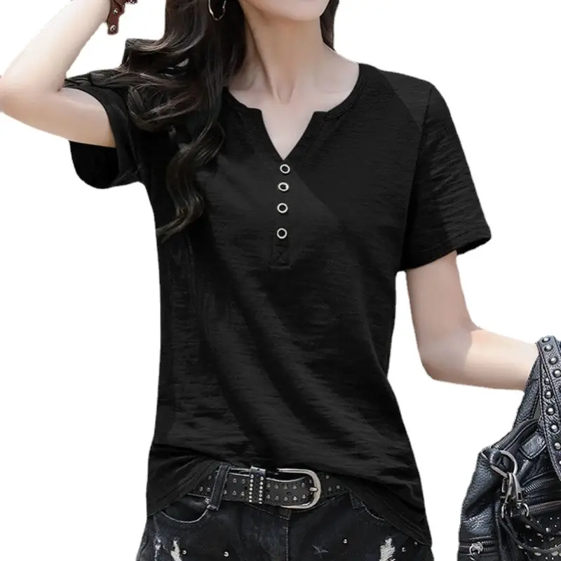 Women V Neck Button T-Shirt Green Loose Large - Image 14