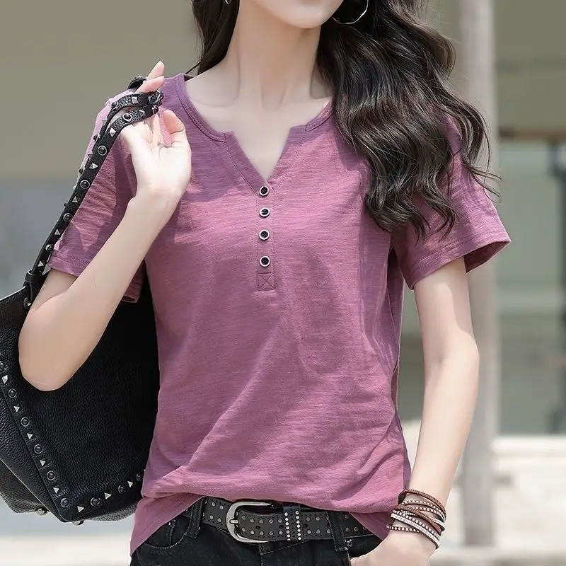 Women V Neck Button T-Shirt Green Loose Large - Image 2