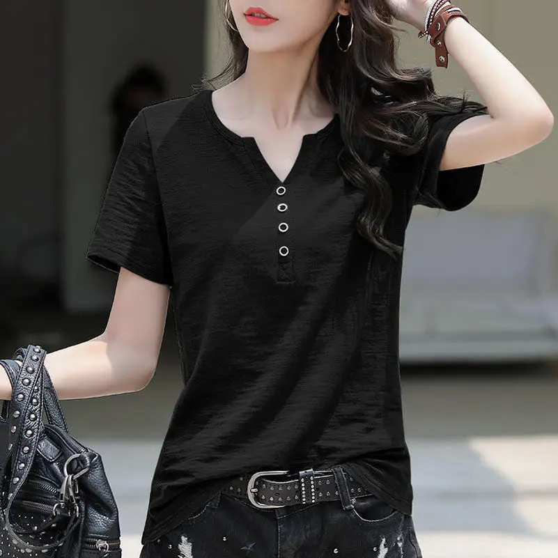 Women V Neck Button T-Shirt Green Loose Large - Image 3