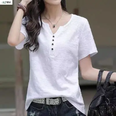 Women V Neck Button T-Shirt Green Loose Large - Image 4