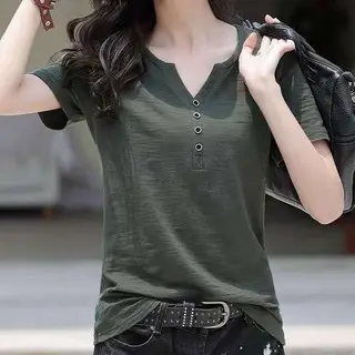 Women V Neck Button T-Shirt Green Loose Large - Image 5