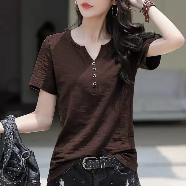 Women V Neck Button T-Shirt Green Loose Large - Image 6