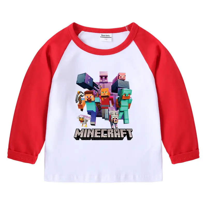 Minecraft Boys Girls Cotton T-Shirt Red White Long Sleeve - Image 3