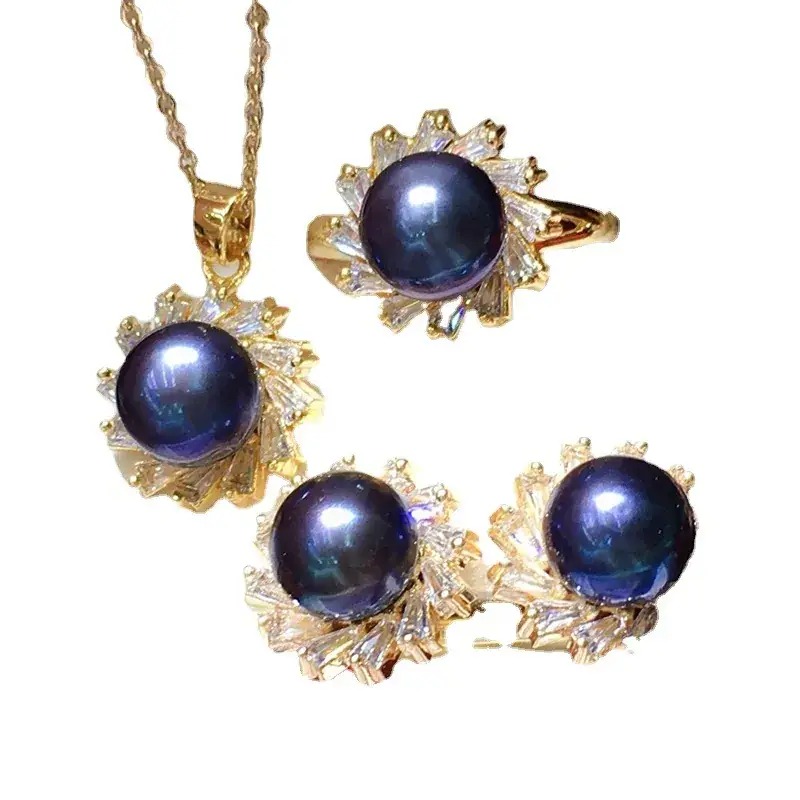 Pearl Necklace Set Gold Plated 8-9mm Women