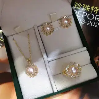 Pearl Necklace Set Gold Plated 8-9mm Women