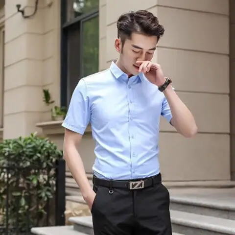 Men's Pink Short Sleeve Shirt Solid Color Slim Fit - Image 8