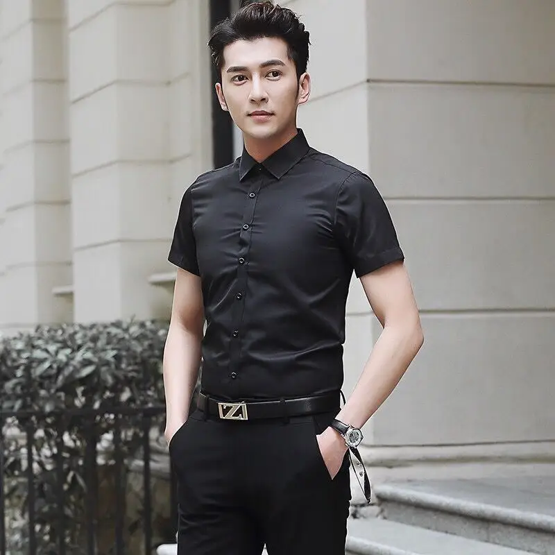 Men's Pink Short Sleeve Shirt Solid Color Slim Fit - Image 9
