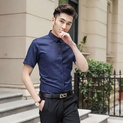 Men's Pink Short Sleeve Shirt Solid Color Slim Fit - Image 10