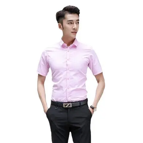 Men's Pink Short Sleeve Shirt Solid Color Slim Fit - Image 11