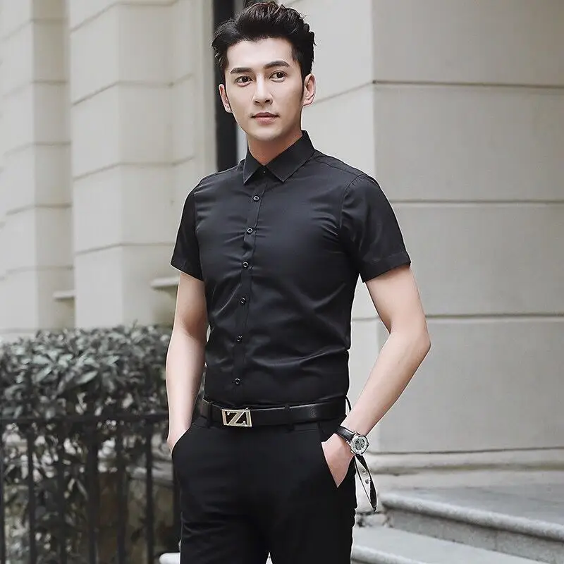 Men's Pink Short Sleeve Shirt Solid Color Slim Fit - Image 2