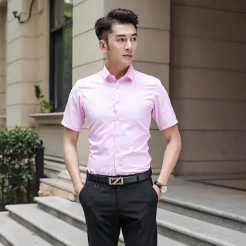 Men's Pink Short Sleeve Shirt Solid Color Slim Fit - Image 5