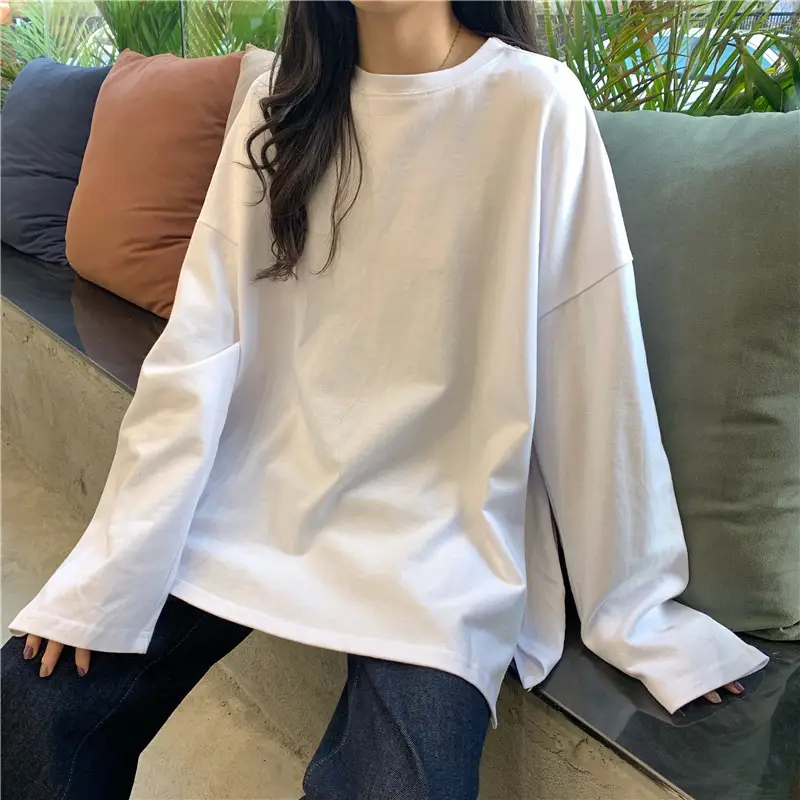 Women Long Sleeve T-Shirt White Loose Korean Style