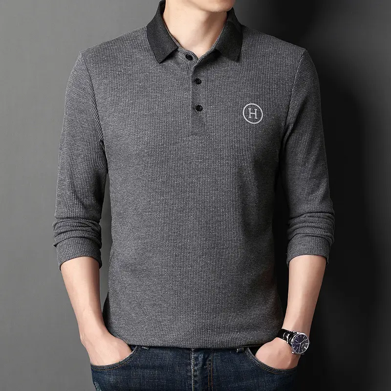 Men's Orange Polo Shirt Long Sleeve Solid Color - Image 7