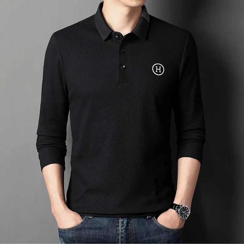 Men's Orange Polo Shirt Long Sleeve Solid Color - Image 8