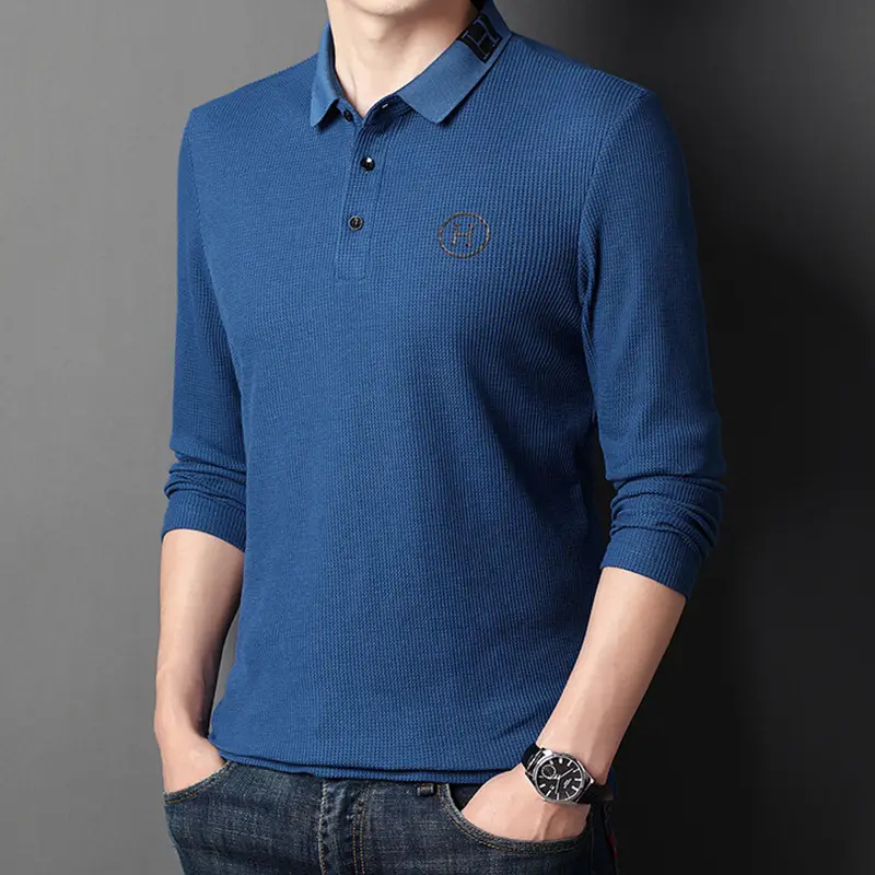 Men's Orange Polo Shirt Long Sleeve Solid Color - Image 9