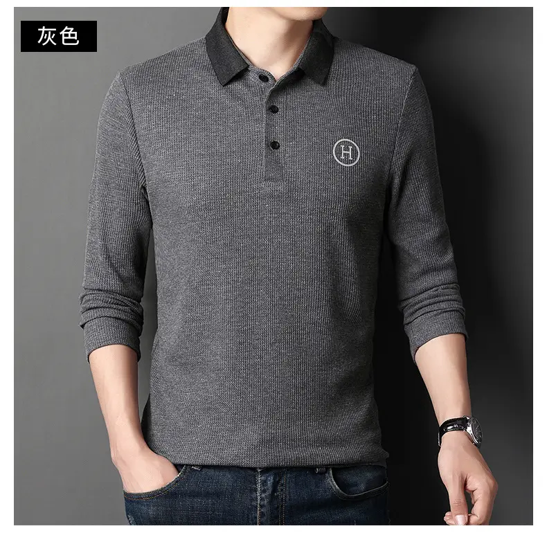 Men's Orange Polo Shirt Long Sleeve Solid Color - Image 3