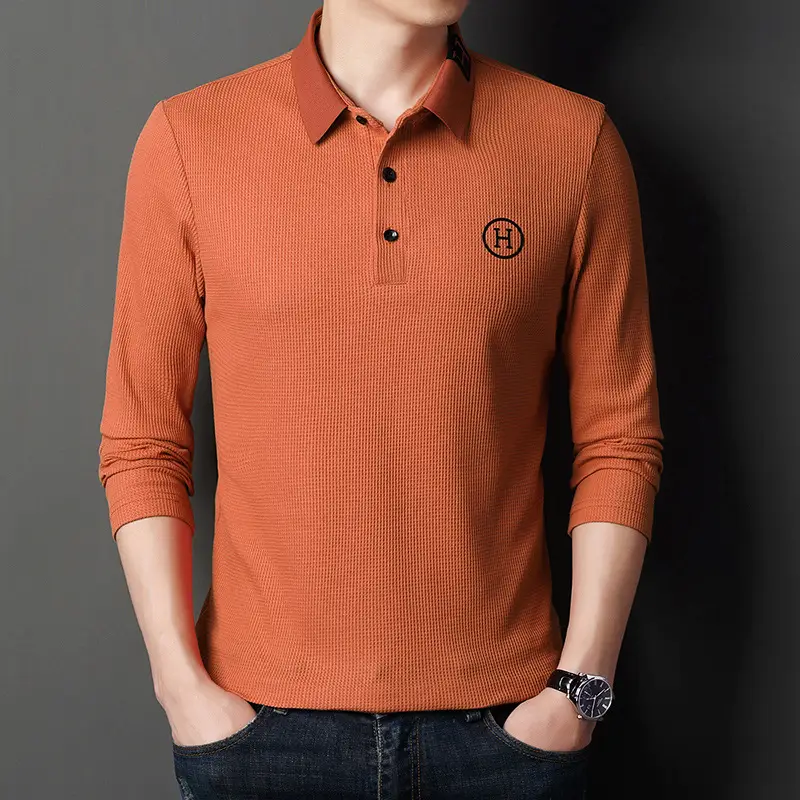 Men's Orange Polo Shirt Long Sleeve Solid Color - Image 4