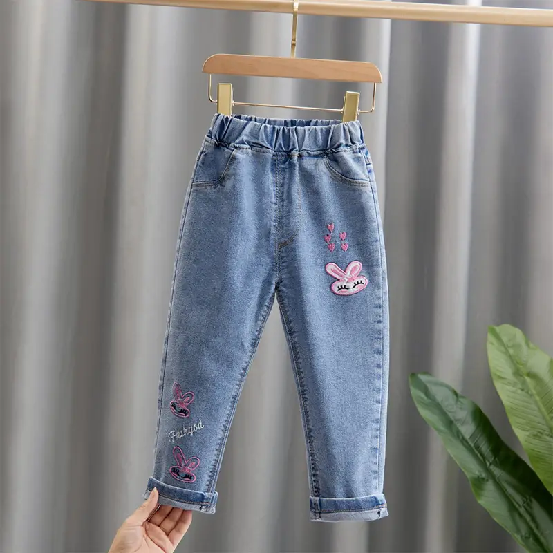 Girls Denim Capri Pants Pink Bunny Embroidery Spring Autumn 2025 - Image 7