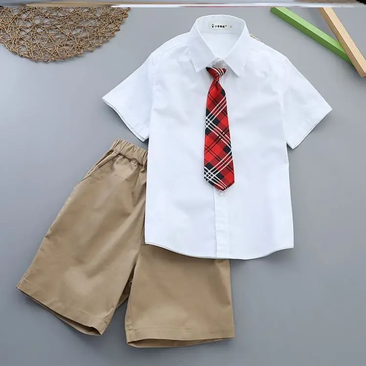 Boy's White Shirt & Black Pants Summer Suit with Red Tie