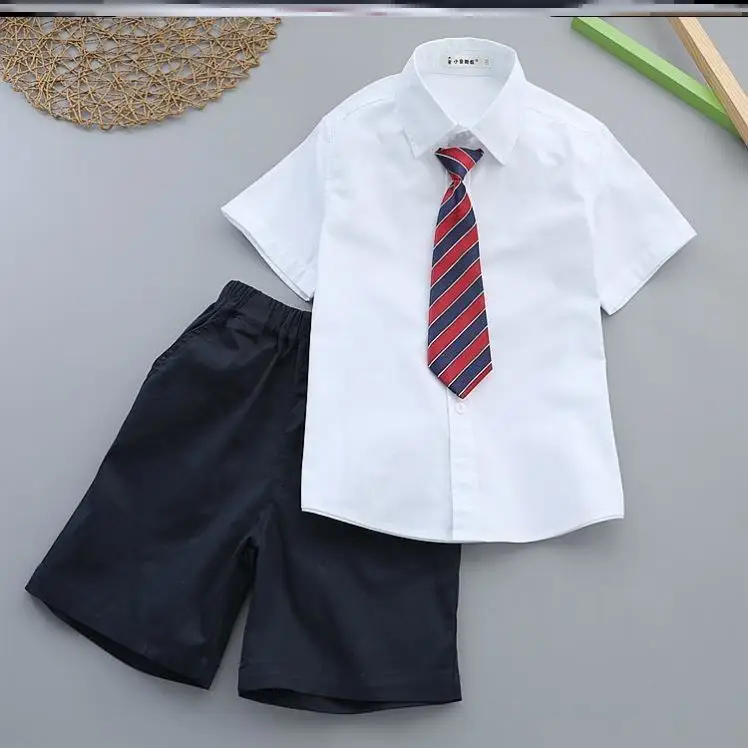 Boy's White Shirt & Black Pants Summer Suit with Red Tie