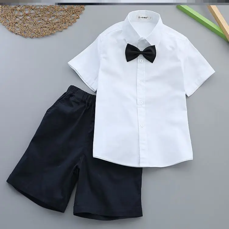 Boy's White Shirt & Black Pants Summer Suit with Red Tie