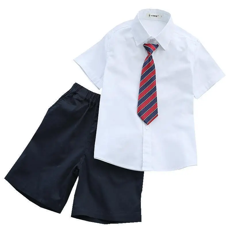 Boy's White Shirt & Black Pants Summer Suit with Red Tie