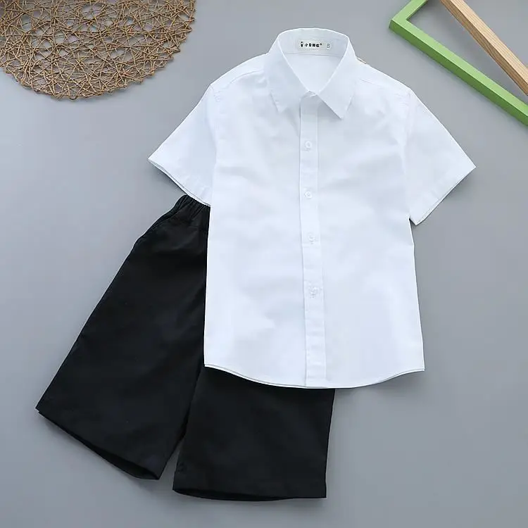 Boy's White Shirt & Black Pants Summer Suit with Red Tie