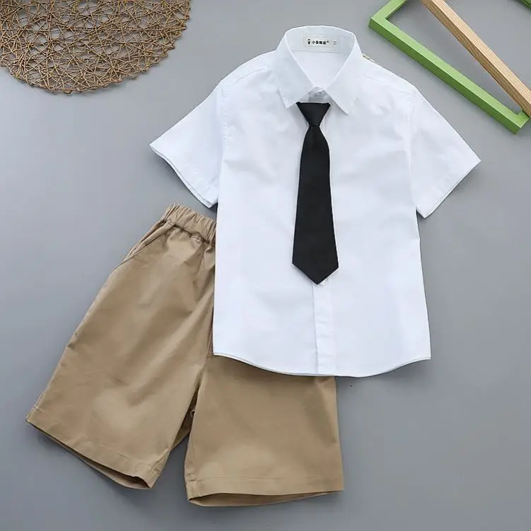 Boy's White Shirt & Black Pants Summer Suit with Red Tie