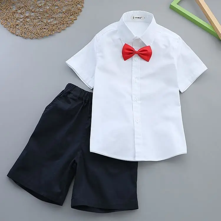Boy's White Shirt & Black Pants Summer Suit with Red Tie