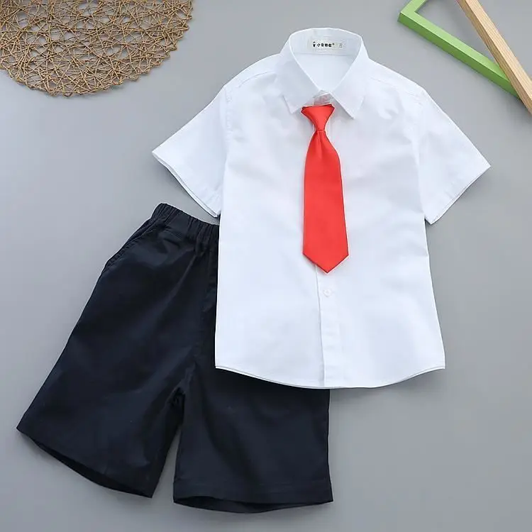 Boy's White Shirt & Black Pants Summer Suit with Red Tie