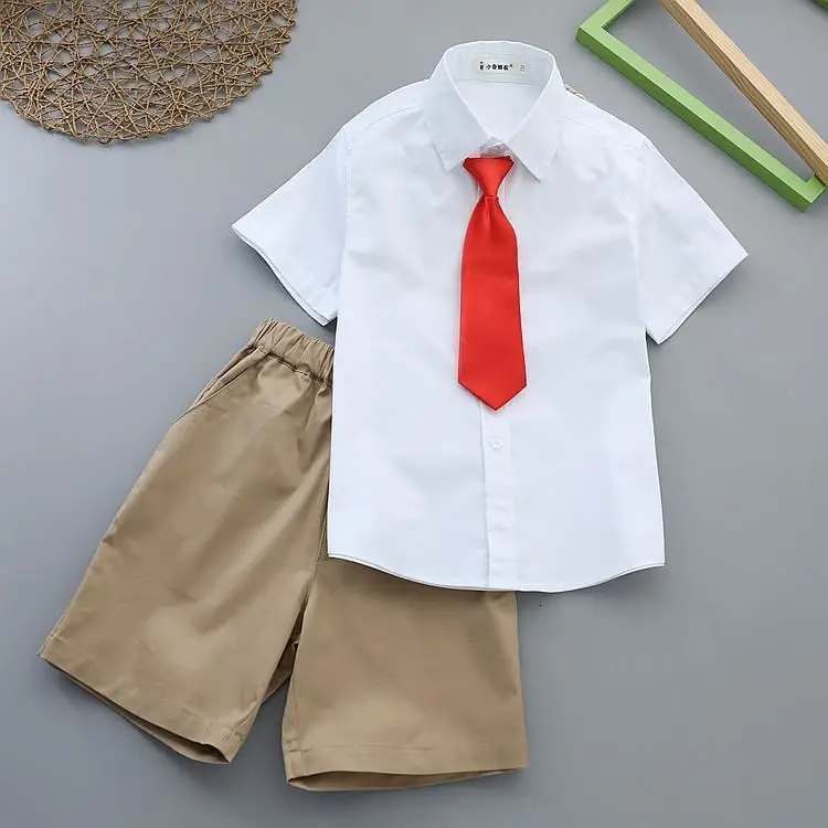 Boy's White Shirt & Black Pants Summer Suit with Red Tie