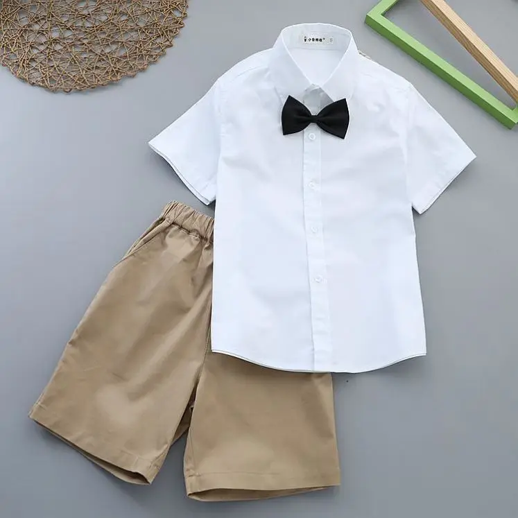 Boy's White Shirt & Black Pants Summer Suit with Red Tie