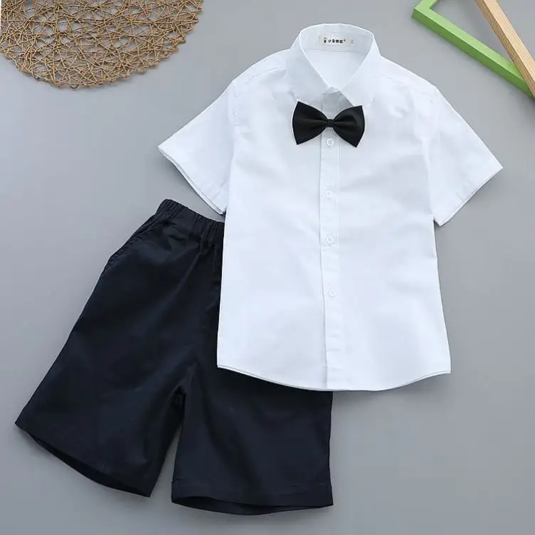 Boy's White Shirt & Black Pants Summer Suit with Red Tie