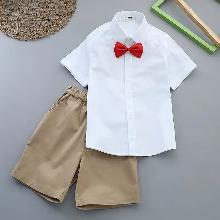 Boy's White Shirt & Black Pants Summer Suit with Red Tie